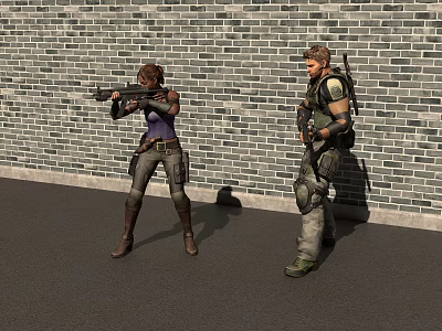 Game Movie Characters Female With Gun And Male With Tactical Gear Standing Against Brick Wall 3d model
