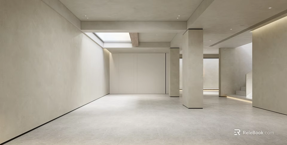 Spacious Basement Open Layout With Gray Walls Concrete Flooring And Skylight 3d model 