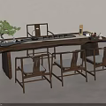 Modern Wooden Tea Table and Chairs with Tea Sets and Small Potted Plant