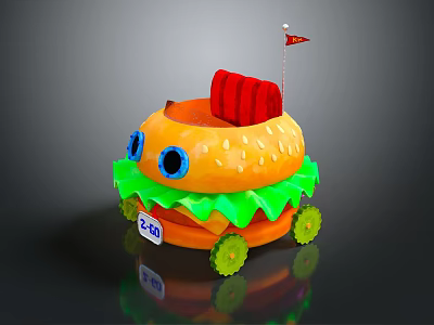 Cartoon Animal Themed Burger Shaped Vehicle With Big Blue Eyes Green Wheels And Red Seat 3d model