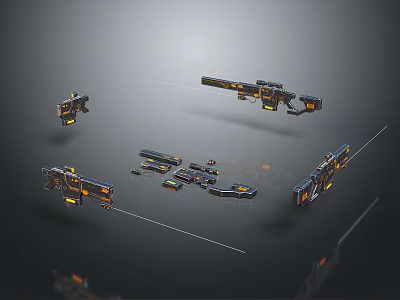 Futuristic Weapons With Mechanical Design Orange Accents And Multiple Models 3d model