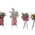 Assorted Flower Bouquets With Pink Wrapping On Metal Stands Against Grey Background