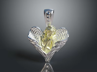 Heart Shaped Jewelry Pendant With Angel Design Silver Base And Gold Accents 3d model