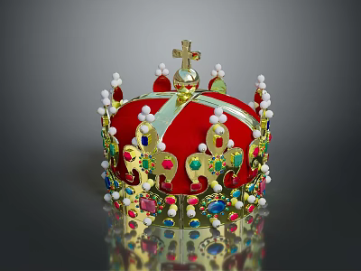 Home Decorative Red Velvet Crown With Golden Ornaments Colorful Gemstones Pearls And Cross On Top 3d model