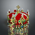 Home Decorative Red Velvet Crown With Golden Ornaments Colorful Gemstones Pearls And Cross On Top