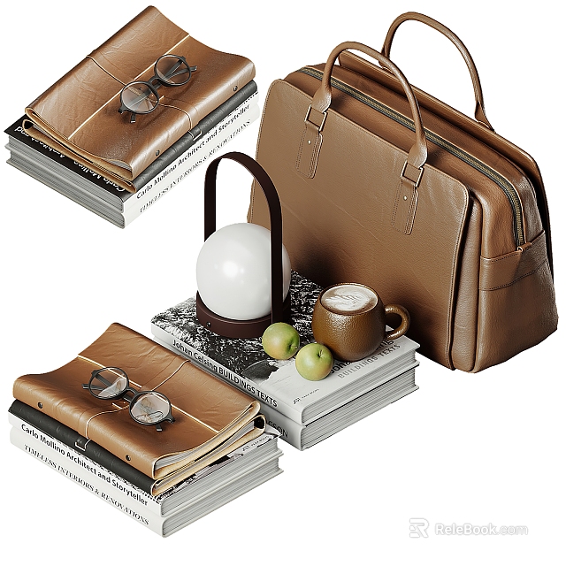 Brown Leather Bag With Stacked Books Table Lamp Coffee Cup And Green Apples 3d model 