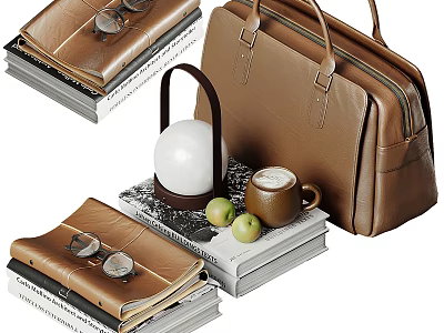 Brown Leather Bag With Stacked Books Table Lamp Coffee Cup And Green Apples 3d model