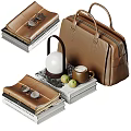 Brown Leather Bag With Stacked Books Table Lamp Coffee Cup And Green Apples