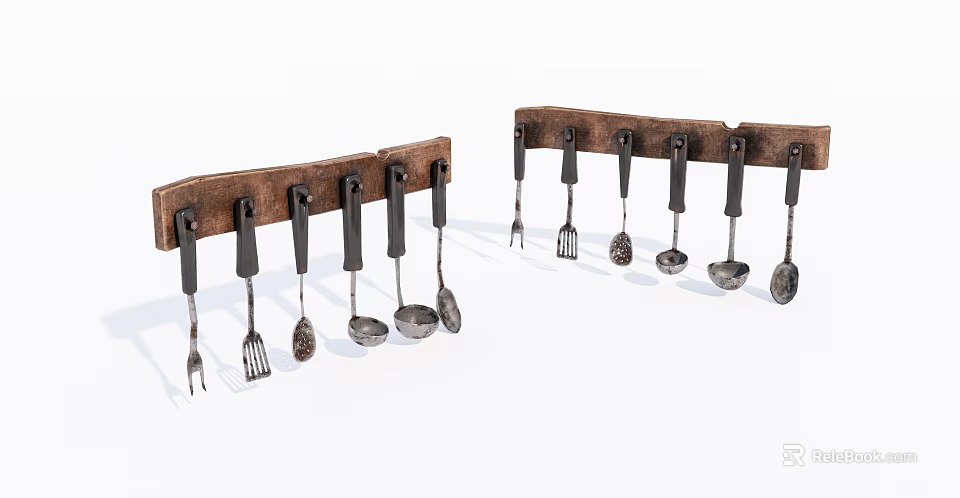 Wooden Entryway Side Cabinet With Hanging Rack Holding Forks Spoons And Spatulas 3d model 