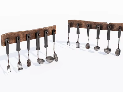 Wooden Entryway Side Cabinet With Hanging Rack Holding Forks Spoons And Spatulas 3d model