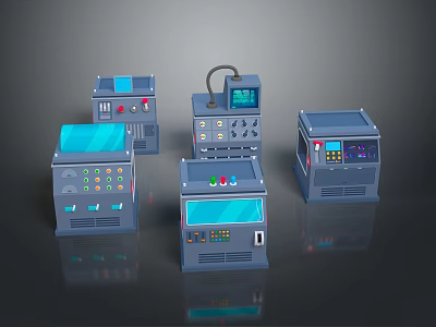 Multiple Blue Industrial Control Boxes With Buttons Displays Panels On Reflective Surface 3d model