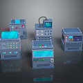 Multiple Blue Industrial Control Boxes With Buttons Displays Panels On Reflective Surface