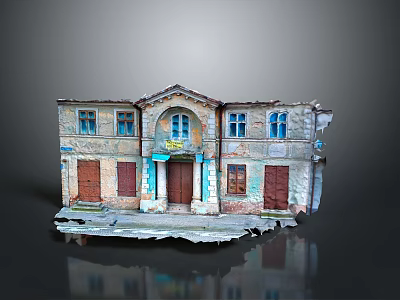 Old Weathered Building With Faded Walls Wooden Doors And Windows Archway Top And Stone Steps 3d model