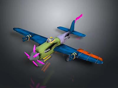 Cartoon Space Aircraft 3D Model With Green Body Blue Wings Pink Propeller and Orange Accents 3d model