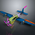 Cartoon Space Aircraft 3D Model With Green Body Blue Wings Pink Propeller and Orange Accents