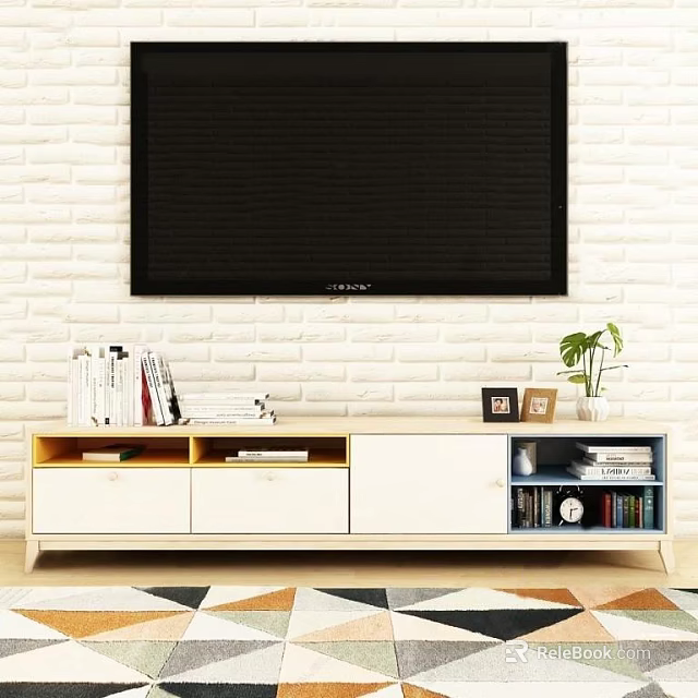Modern TV Stand with White Brick Wall Background Storage Drawers Open Shelves and Decorative Frames 3d model 
