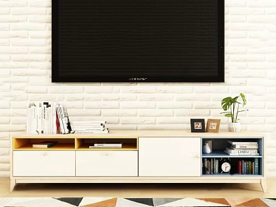 Modern TV Stand with White Brick Wall Background Storage Drawers Open Shelves and Decorative Frames 3d model