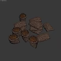 Burlap Sacks And Clay Pots Filled With Grain On Dark Background