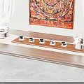 Traditional Chinese Tea Set on Wooden Table with Tray Porcelain Cups and Colorful Tapestry