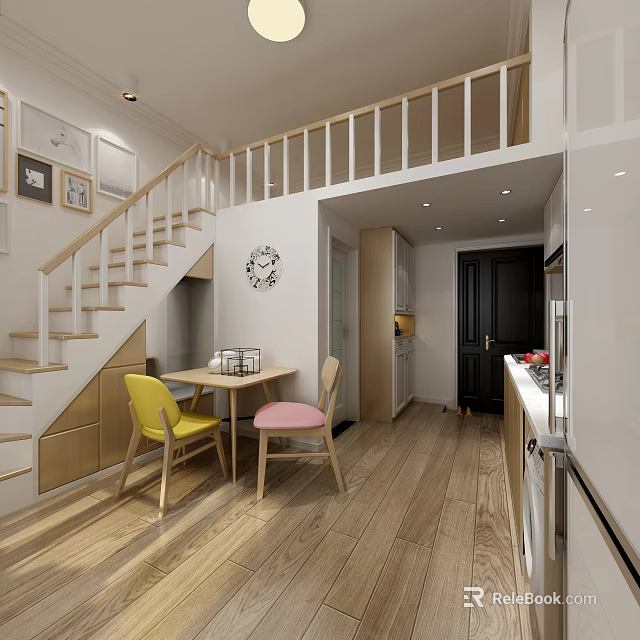 Bright Apartment Interior With Staircase Dining Table Yellow Pink Chairs Wooden Flooring And Wall Clock 3d model 