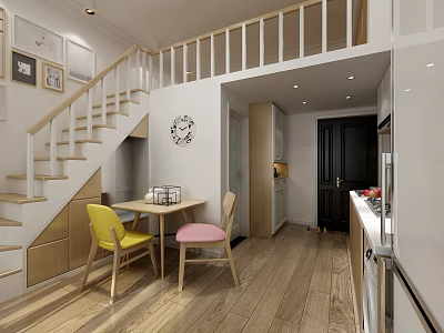 Bright Apartment Interior With Staircase Dining Table Yellow Pink Chairs Wooden Flooring And Wall Clock 3d model