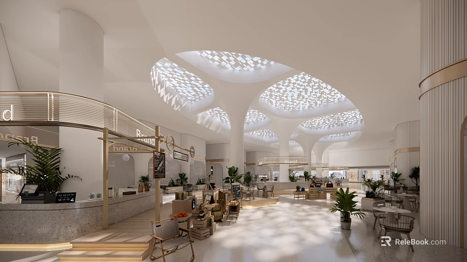 Modern Shopping Mall Store Interior With Intricate Ceiling Design Natural Light And Green Plants 3d model 