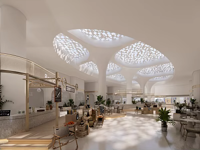 Modern Shopping Mall Store Interior With Intricate Ceiling Design Natural Light And Green Plants 3d model