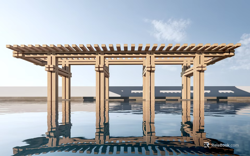 Outdoor Wooden Pergola Structure Over Pool With Clear Sky And Water Reflection 3d model 