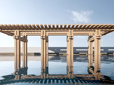 Outdoor Wooden Pergola Structure Over Pool With Clear Sky And Water Reflection 3d model