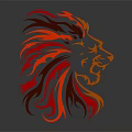 Vibrant Red And Orange Lion Head Illustration With Flame Like Mane On Dark Background