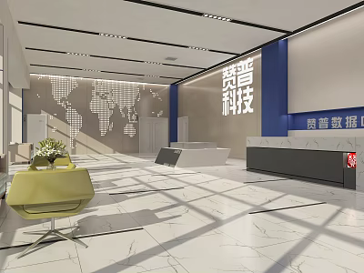 Modern Office Front Desk Reception Area With Marble Floor World Map Wall And Blue Decor 3d model