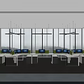 Modern Office Interior Design With Large Windows Work Desks Computers Green Chairs 3d model