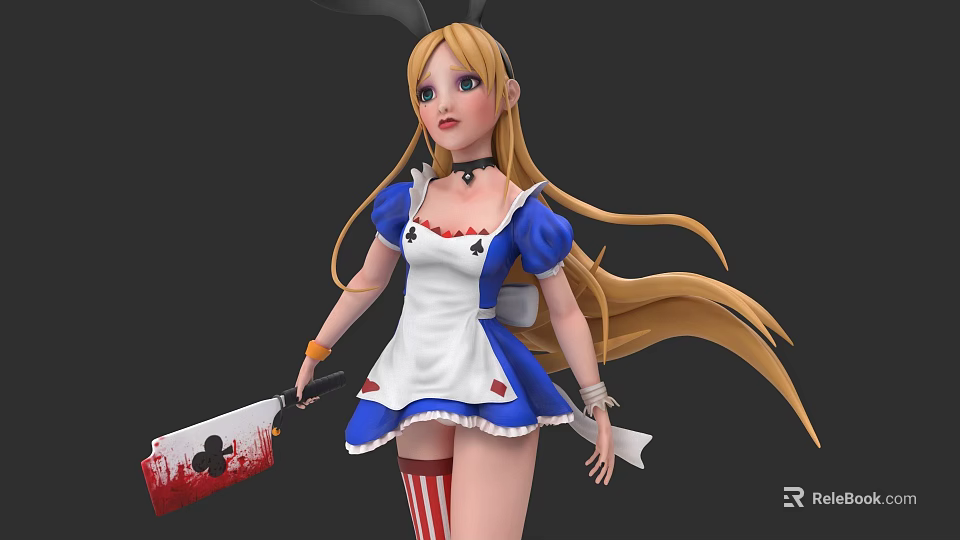 Game Movie Character With Blonde Hair Rabbit Ears And Bloody Knife In Maid Dress 3d model 