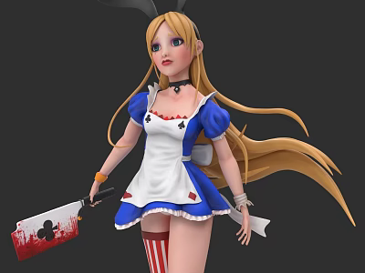 Game Movie Character With Blonde Hair Rabbit Ears And Bloody Knife In Maid Dress 3d model