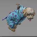 Adorable Dog in Blue Dinosaur Costume with Purple Spots Curly Fur Tongue Out Dark Background