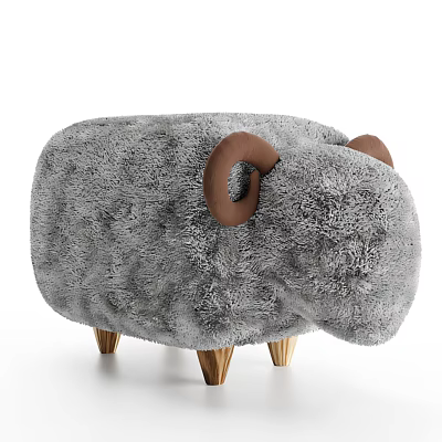 Sheep Shaped Stool With Gray Plush Surface And Brown Ram Horns On Wooden Legs 3d model