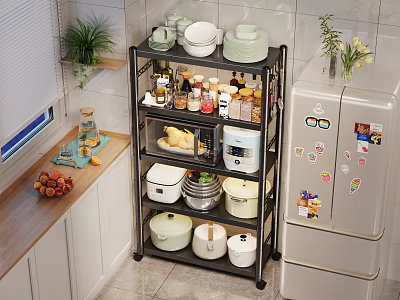 Kitchen Storage Rack With Multiple Tiers For Organizing Kitchen Items Near Refrigerator And Cabinets 3d model