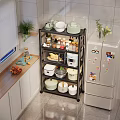 Kitchen Storage Rack With Multiple Tiers For Organizing Kitchen Items Near Refrigerator And Cabinets