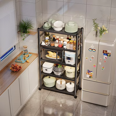 Kitchen Storage Rack With Multiple Tiers For Organizing Kitchen Items Near Refrigerator And Cabinets 3d model