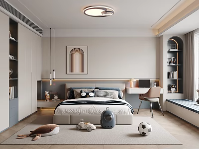 Modern Bedroom Interior With Bed Desk Toys Wardrobe Rug And Decorative Painting 3d model