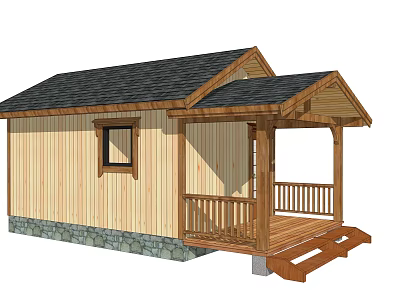 Rustic Wooden Cabin Featuring Black Roof Porch Railings Steps And Stone Foundation 3d model