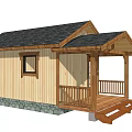 Rustic Wooden Cabin Featuring Black Roof Porch Railings Steps And Stone Foundation