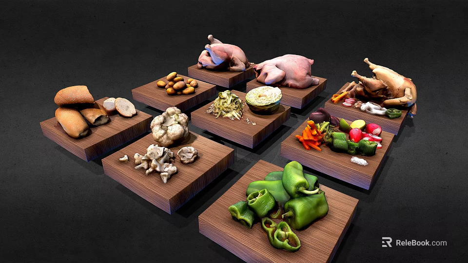 Whole Pig and Whole Chicken Displayed on Wooden Trays with Fresh Vegetables and Bread 3d model 
