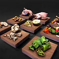 Whole Pig and Whole Chicken Displayed on Wooden Trays with Fresh Vegetables and Bread