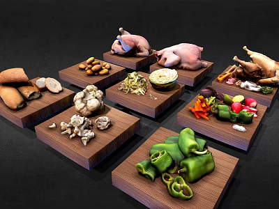 Whole Pig and Whole Chicken Displayed on Wooden Trays with Fresh Vegetables and Bread 3d model