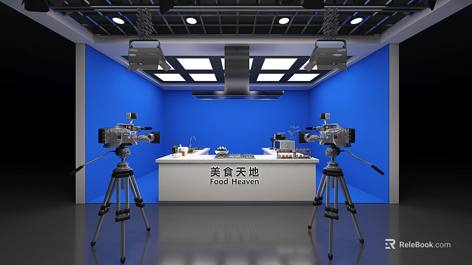 Public Office Area With Blue Walls Cameras On Tripods White Countertop Kitchen Hood And Ceiling Lights 3d model 