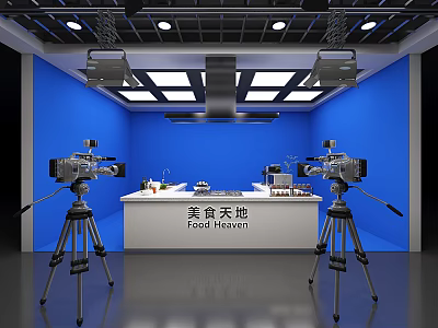 Public Office Area With Blue Walls Cameras On Tripods White Countertop Kitchen Hood And Ceiling Lights 3d model