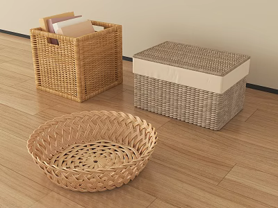 Woven Storage Baskets in Various Styles for Home Organizing on Wooden Floor 3d model