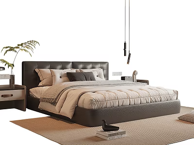 Elegant Double Bed with Black Leather Headboard Soft Bedding Pillows and Pendant Lights on Carpet 3d model