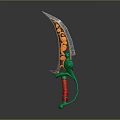 Ornate Decorative Knife With Curved Blade Red Handle Green Accents And Orange Black Patterns